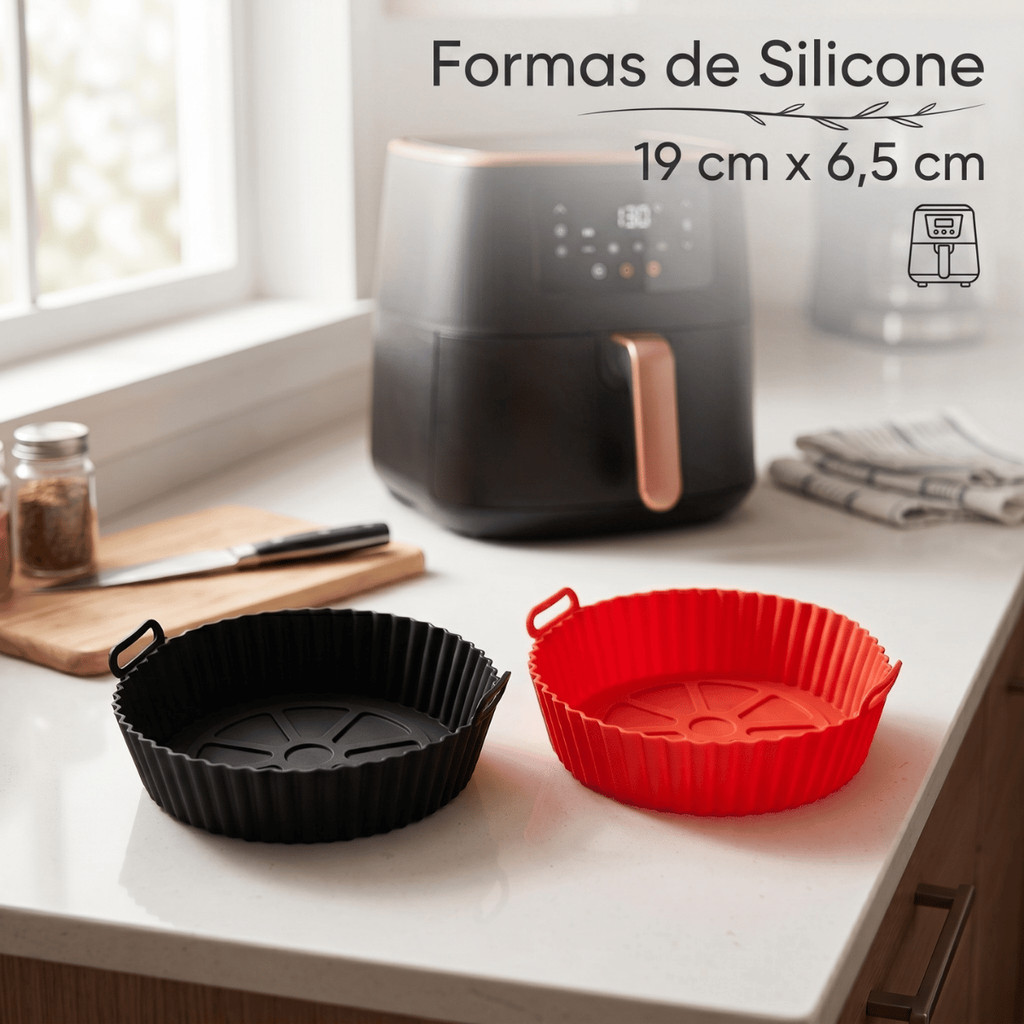 Forma Silicone Redonda 1,1 Litros Airfryer Vermelha e Preta Reutilizável Antiaderente Cesto Assadeira Forro