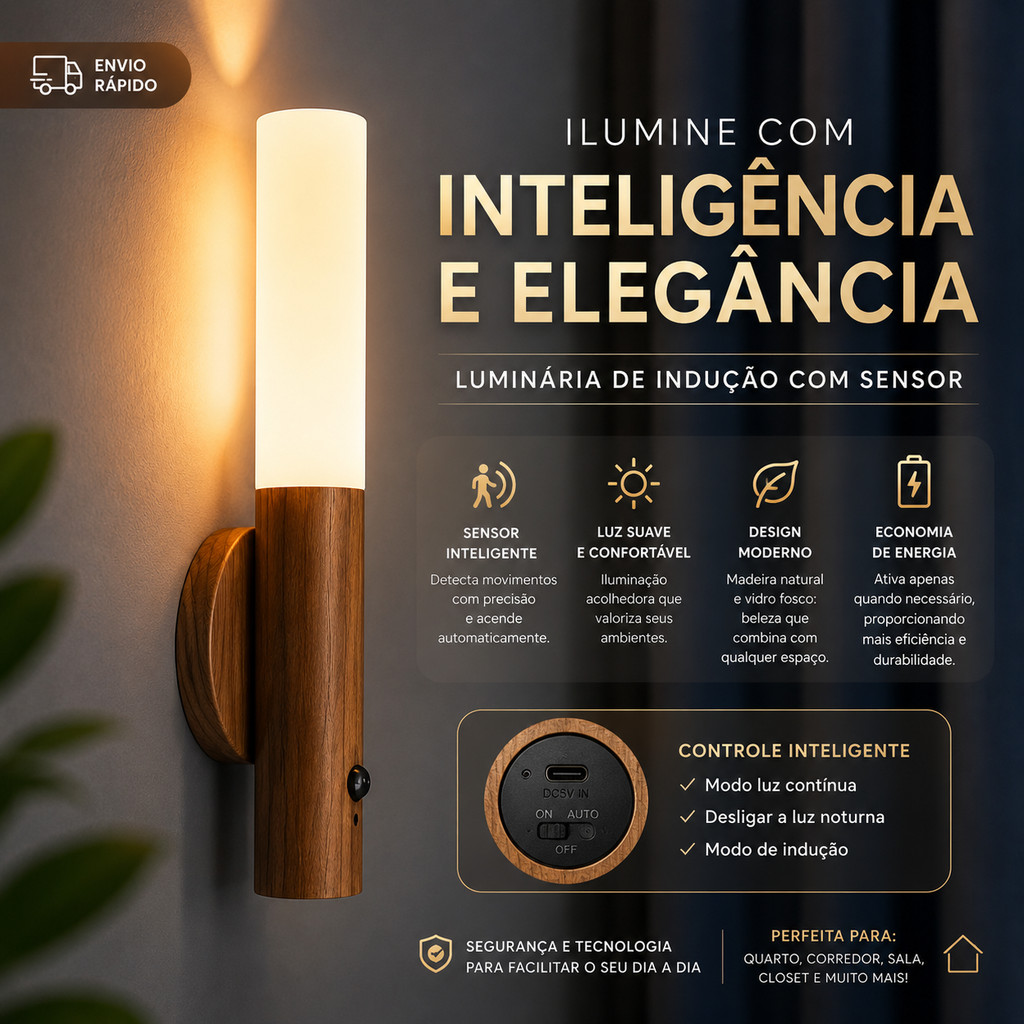 Luminária LED Sensor Movimento Recarregável USB Madeira Luxo Quarto Escada Closet Bege Marrom 500mAh