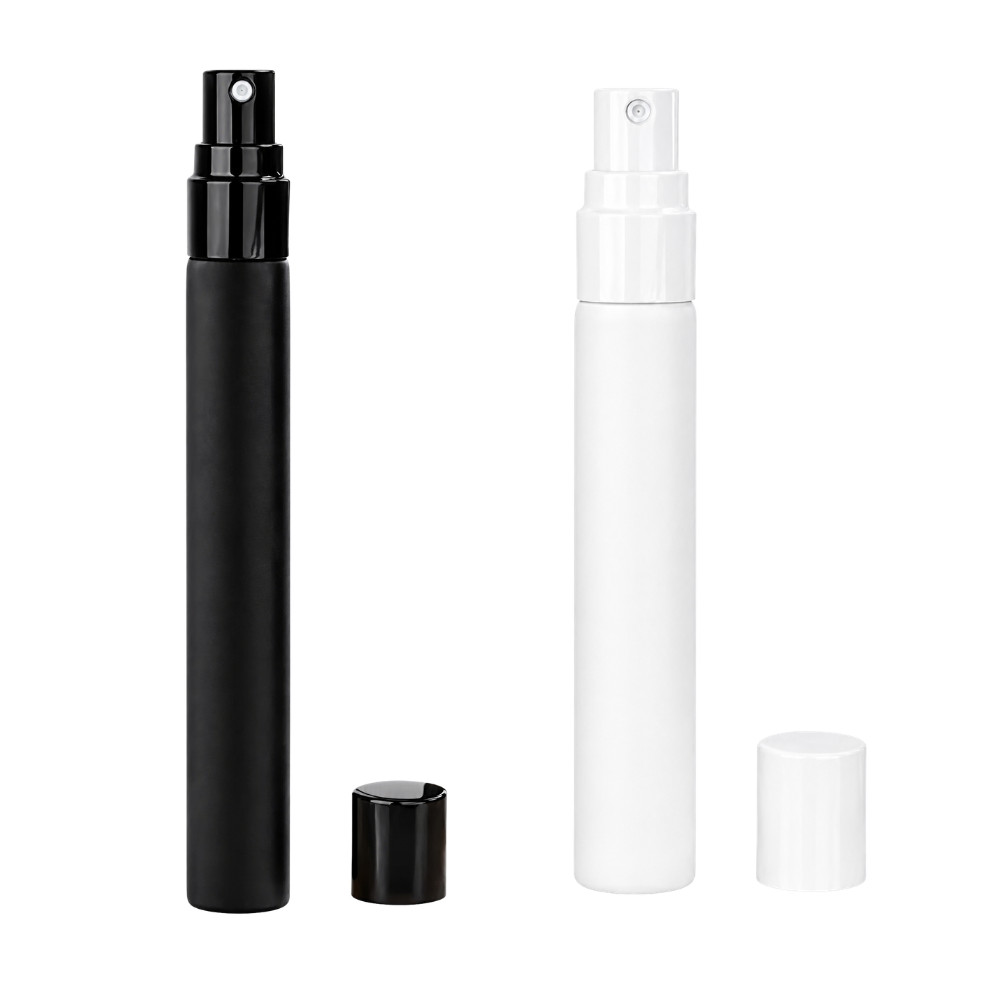 Frascos Pet Amostra 5ml Perfume Spray Decant Cilíndrico Plástico Vazio Branco Preto Borrifador