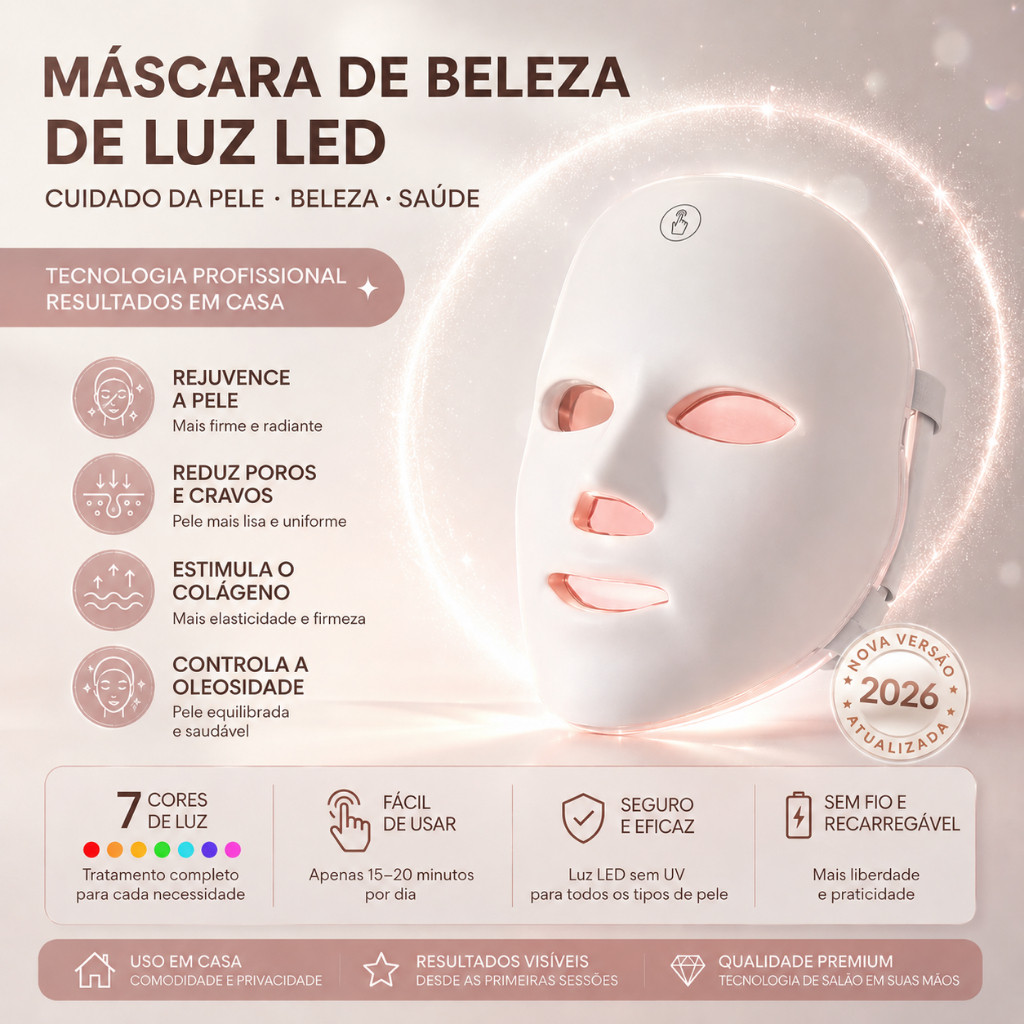 Máscara LED Facial 7 Cores Fototerapia Antiacne Rejuvenescimento Firmadora Clareadora Anti-idade