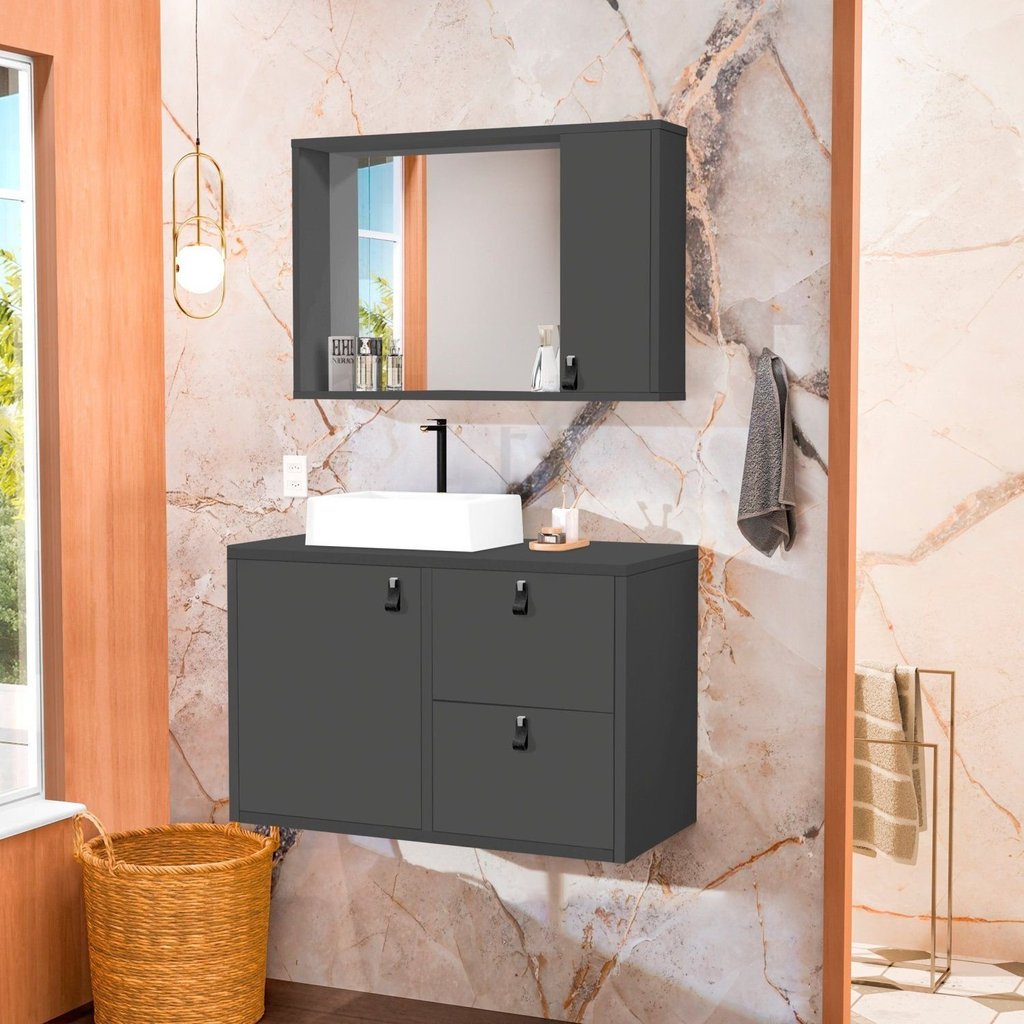 Conjunto Gabinete para Banheiro com Cuba Sobrepor e Espelheira Toro 80 Cm Grafite