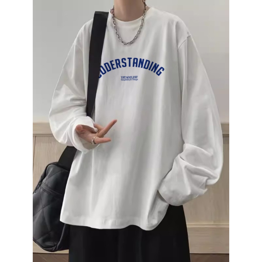 Camiseta masculina de manga comprida estilo Hong Kong estilo americano gola redonda primavera outono estilo street Wear 