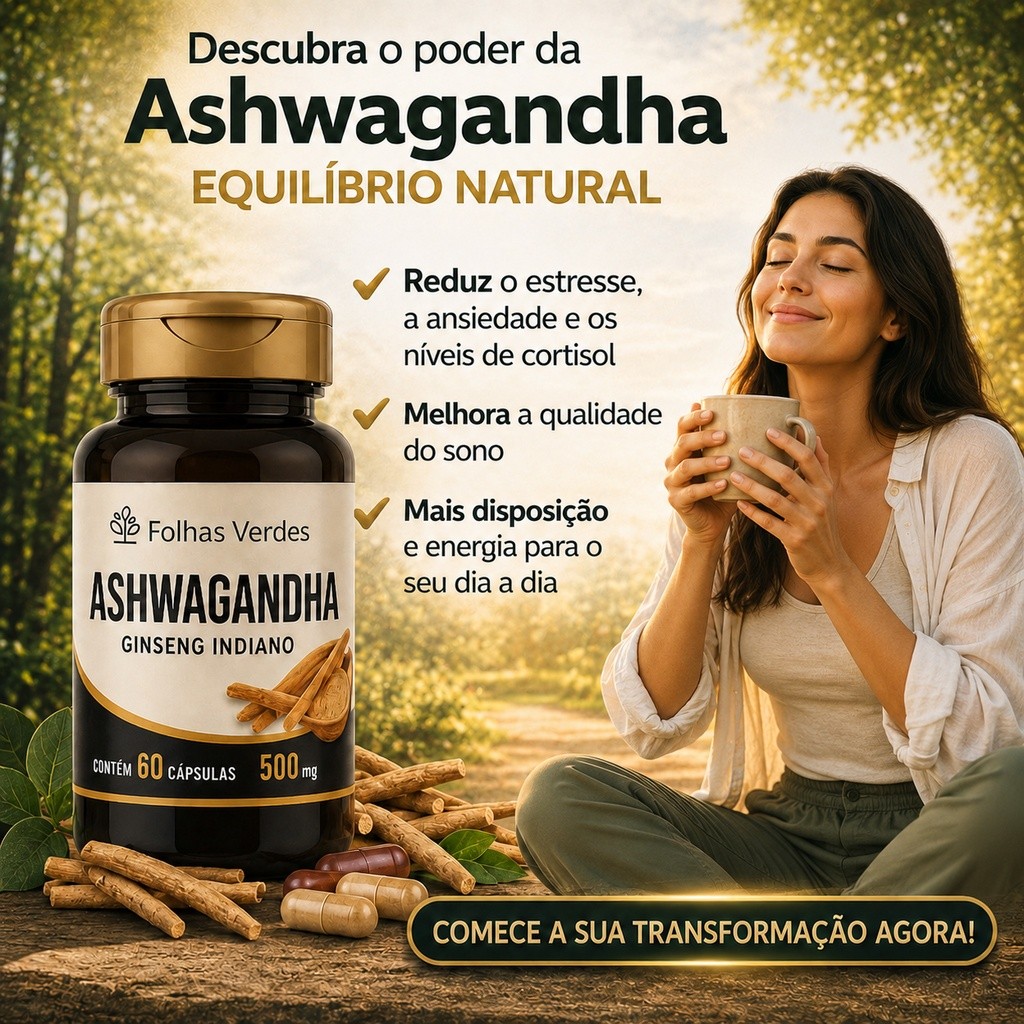 Ashwagandha 100% Puro 500mg - Suporte ao Estresse e Vitalidade Suplemento Alimentar Original - 60 Cápsulas