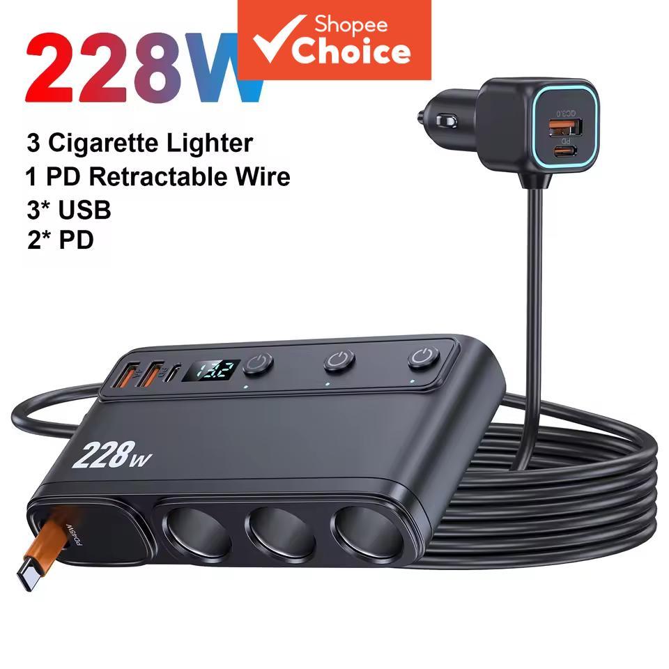 Adaptador de carregador veicular 228W com 3 tomadas para isqueiro, 3 portas, carregador USB QC3.0 com porta Tipo-C PD