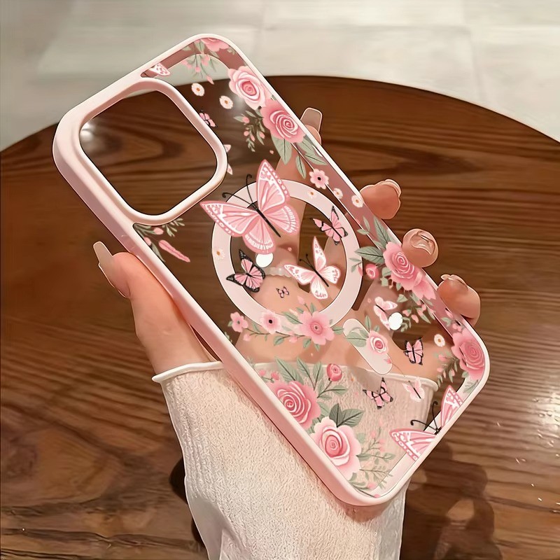Capa De Telefone Magnética Para Samsung A17 A37 A57 A56 A55 A54 S26 Ultra S25 Plus S24 S23 FE Rosa Flor Borboleta Design