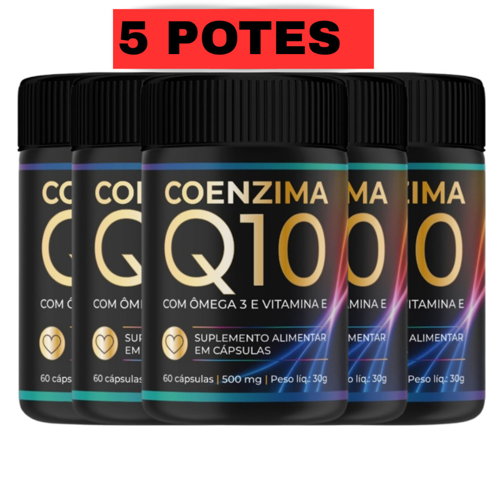 Kit 5 Frasco Coenzima Q10 + Ômega 3 + Vitamina E | 3 em 1 Energia, Imunidade, Coração e Cérebro