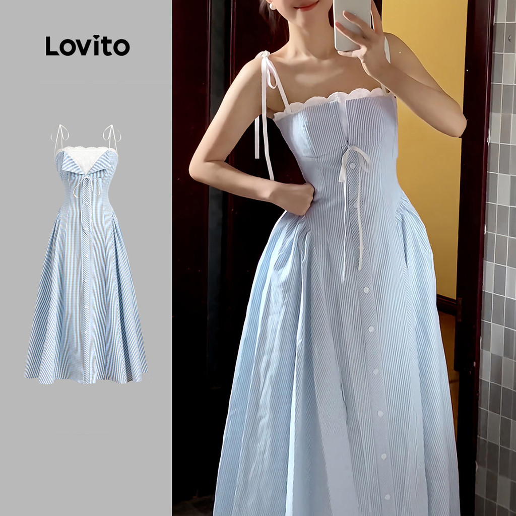 Lovito Casual Vestido de Renda para Primavera/verão em Azul para mulheres L144AD305