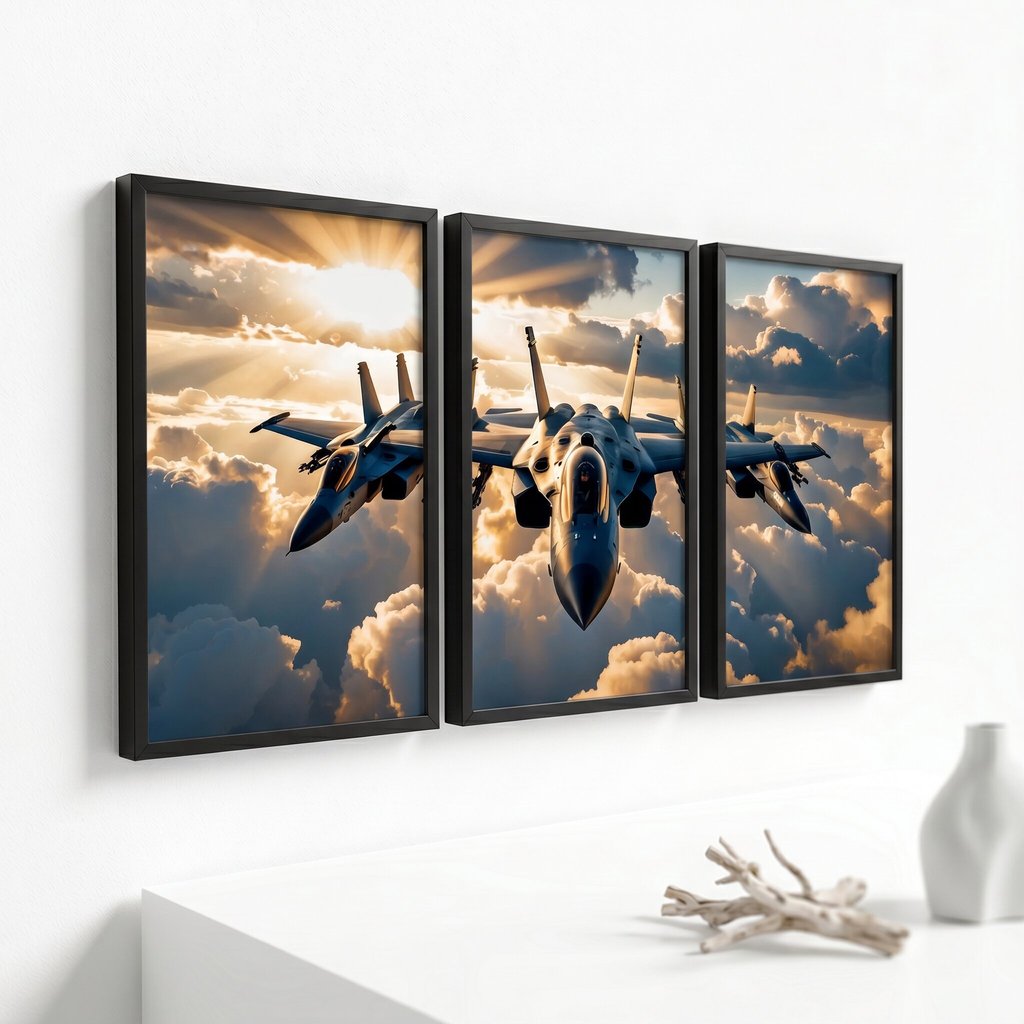 Quadros Decorativo Paisagem Avião Caça Militar Jato de Guerra Força  Aérea Luxo Sala Hall