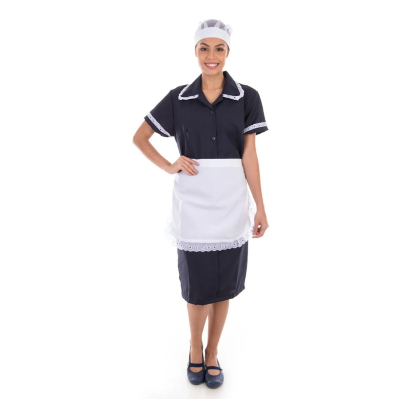 Vestido Tecido Oxford Com Avental e Detalhes em Bordado Ingles Copeira, Faxineira, Doméstica