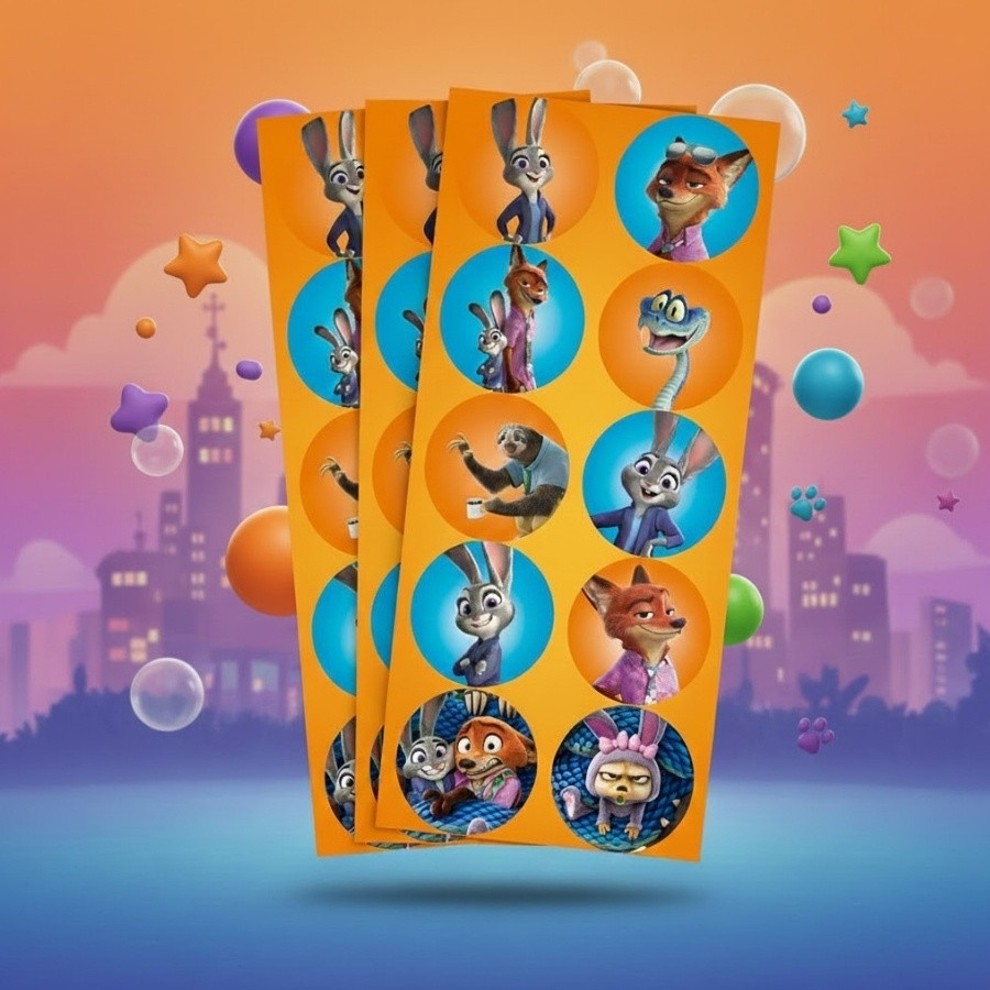 Adesivo Redondo - Zootopia 2 - 4cm  - 30 unidades - Disney Original - Rizzo