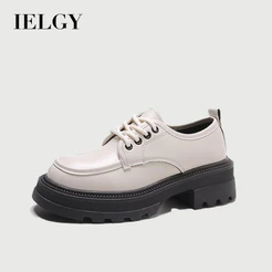 IELGY Preto Bico Redondo Com Cadarço Estilo Britânico Sapatos Pequenos De Couro Femininos