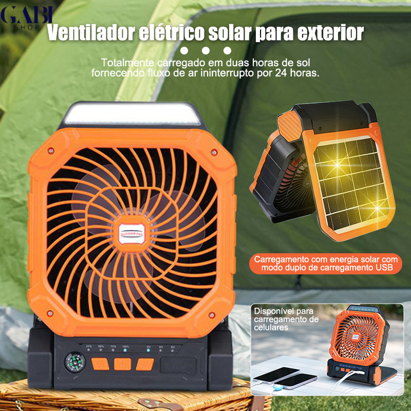 Ventilador Portátil com Recarga Solar e Power Bank - Fácil de Carregar, Ideal para Acampamentos e Viagens