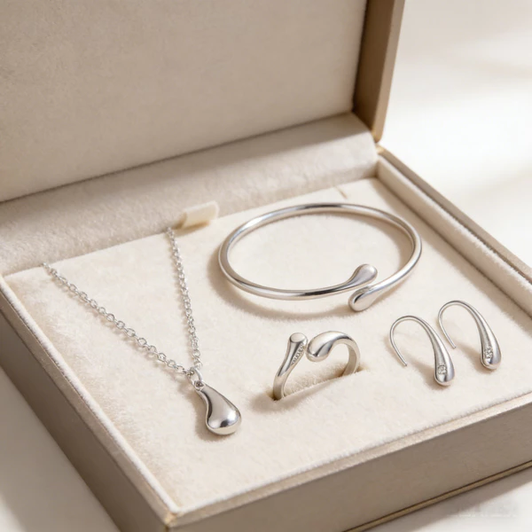Conjunto de joias em formato de gota, composto por quatro peças em ouro ou prata: brincos, colar, pulseira e anel.