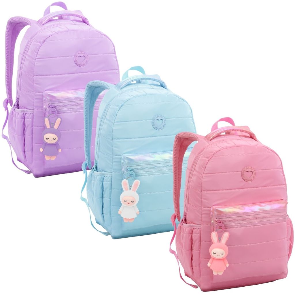 Mochila Escolar 16” Menina Adolescente Com Bolso Lateral Chaveiro Personalizado