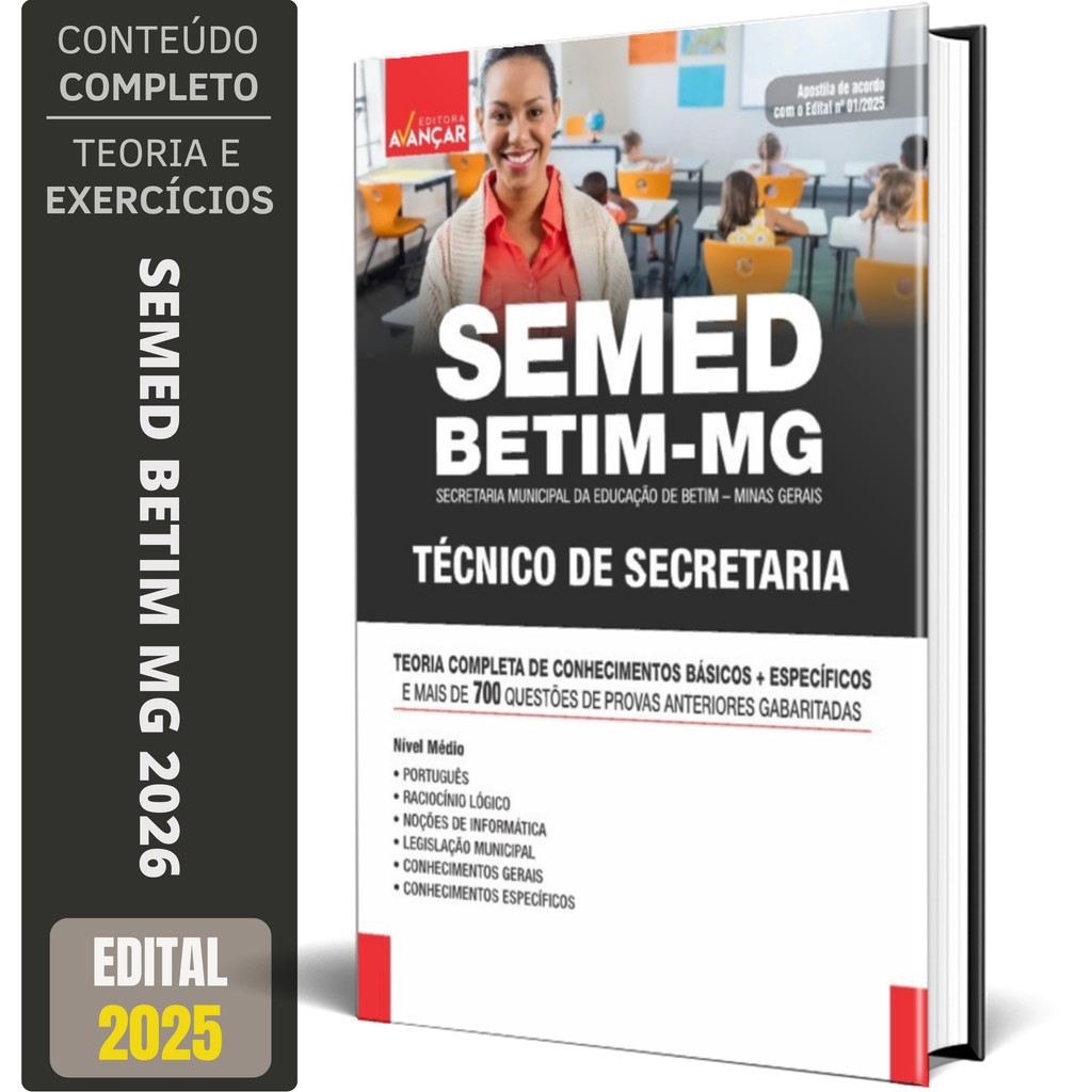 Apostila SEMED Betim Mg 2026 - Técnico De Secretaria