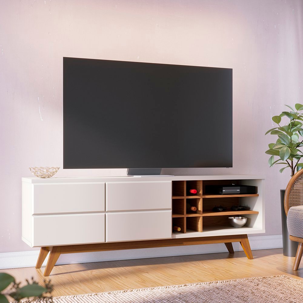 Rack para TV até 70 Polegadas 180cm Pés em Madeira Maciça 2 Portas Noronha Branco Off White Matte/Freijó Off White