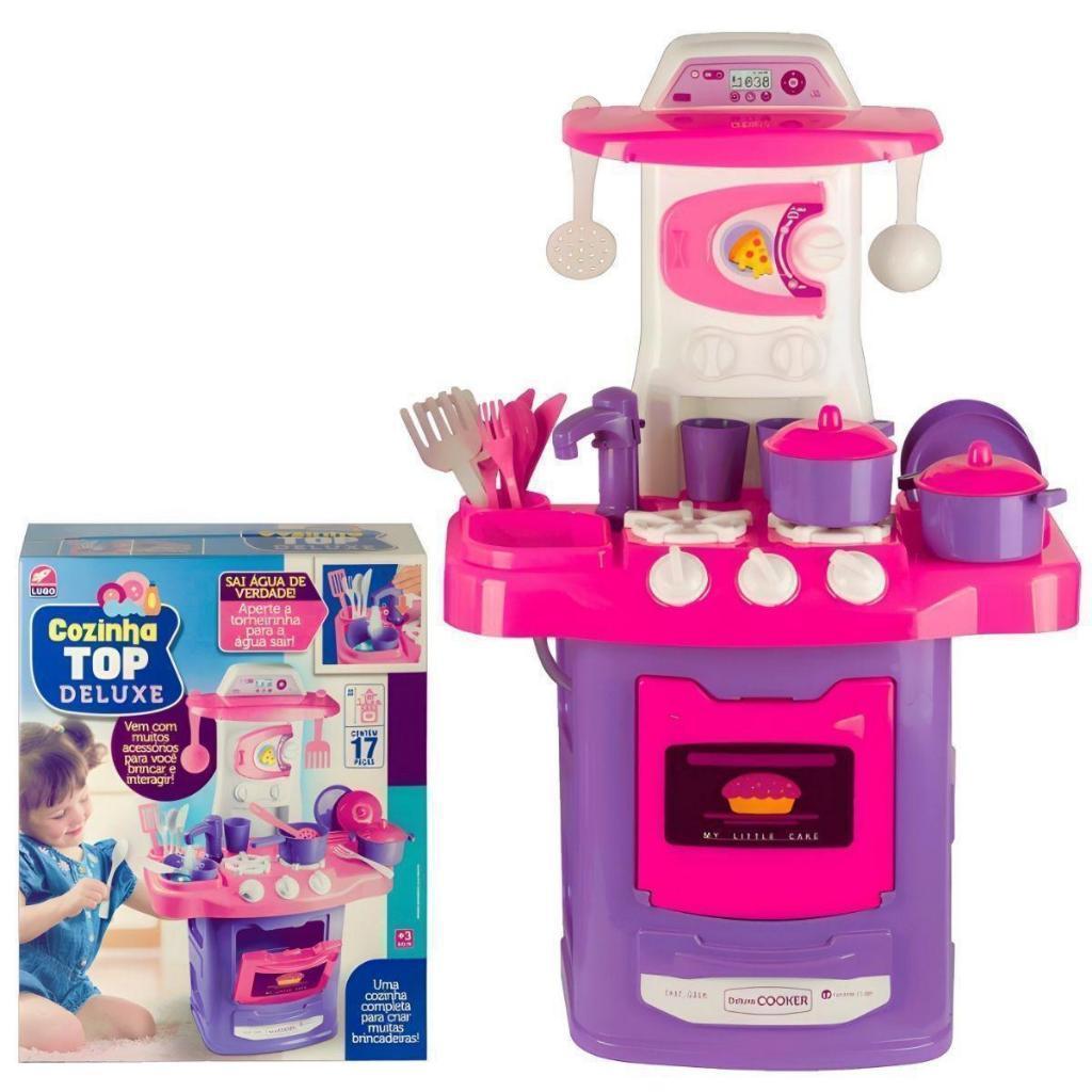 Cozinha Infantil grande faz de  conta completa c/ acessórios panelinha pia fogão Top Deluxe Sai Água