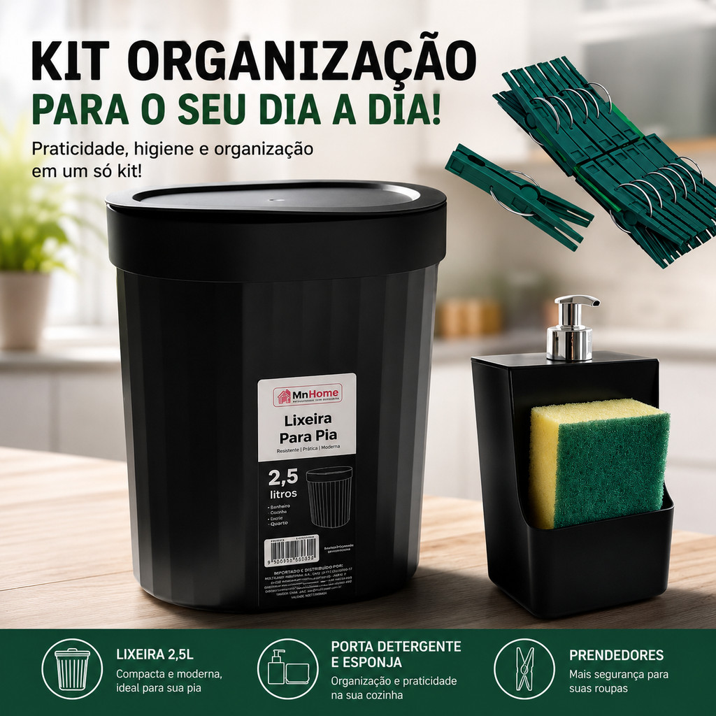 Kit Lixeira 2,5 Xplast + Porta Detergente + Pregador Plástico 24 Unidades Kit Pia Prático Lavanderia