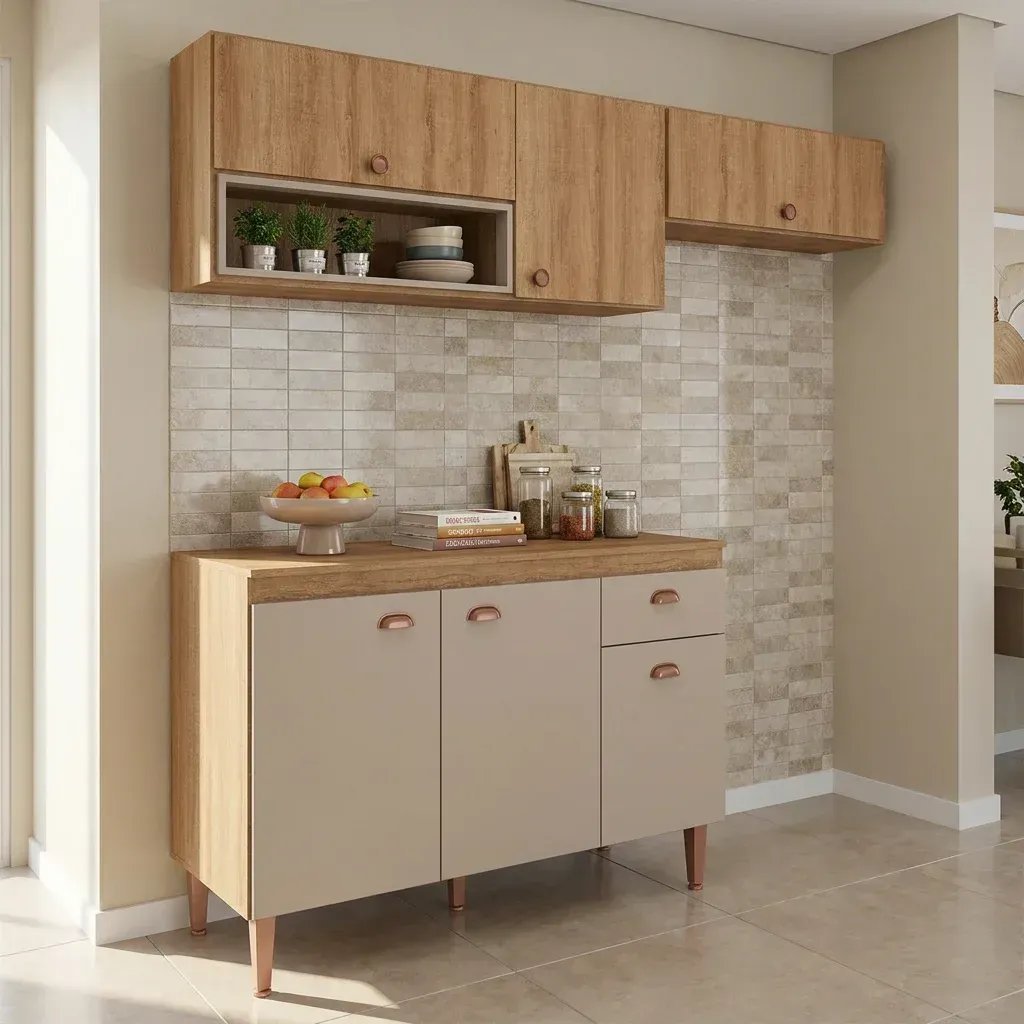 Cozinha Modulada 3 Peças com 2 Armários Aéreos e Balcão para Pia Marti Yescasamel/Fendi Yescasa Cinza/Mel Não