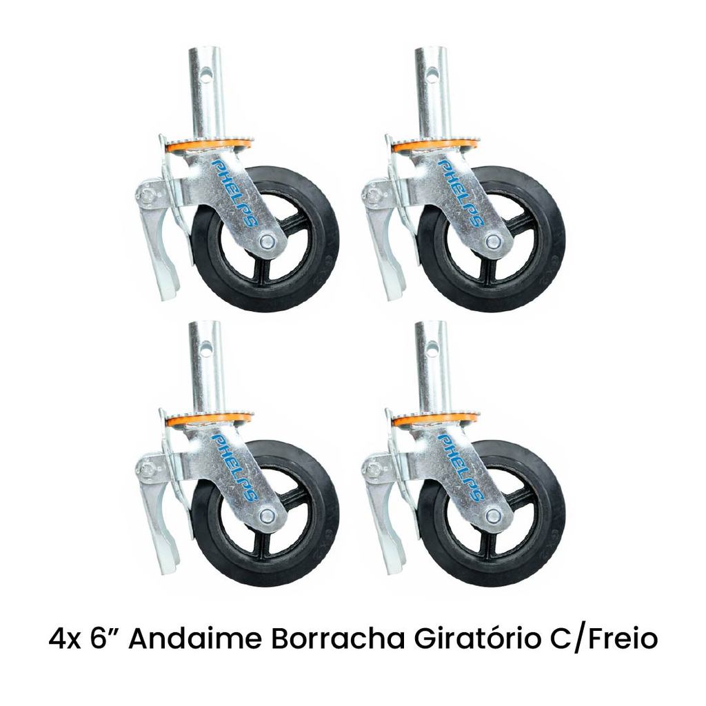 Kit 4 Rodas Andaime 8" 200mm Borracha Com Freio Espiga