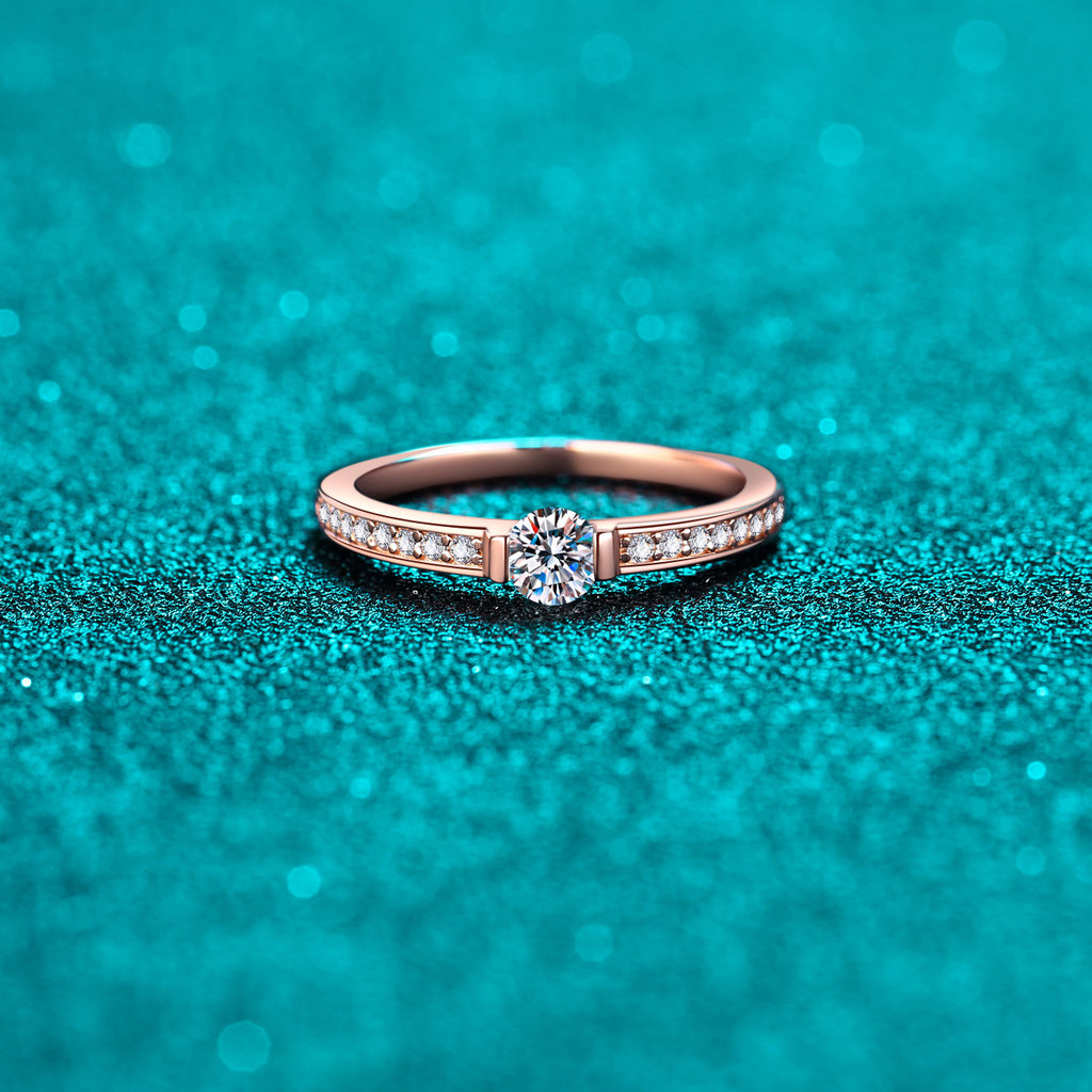 [Moissanite que pode passar a caneta de diamante de teste] S925 banhado a prata esterlina champanhe ouro 30 pontos anel