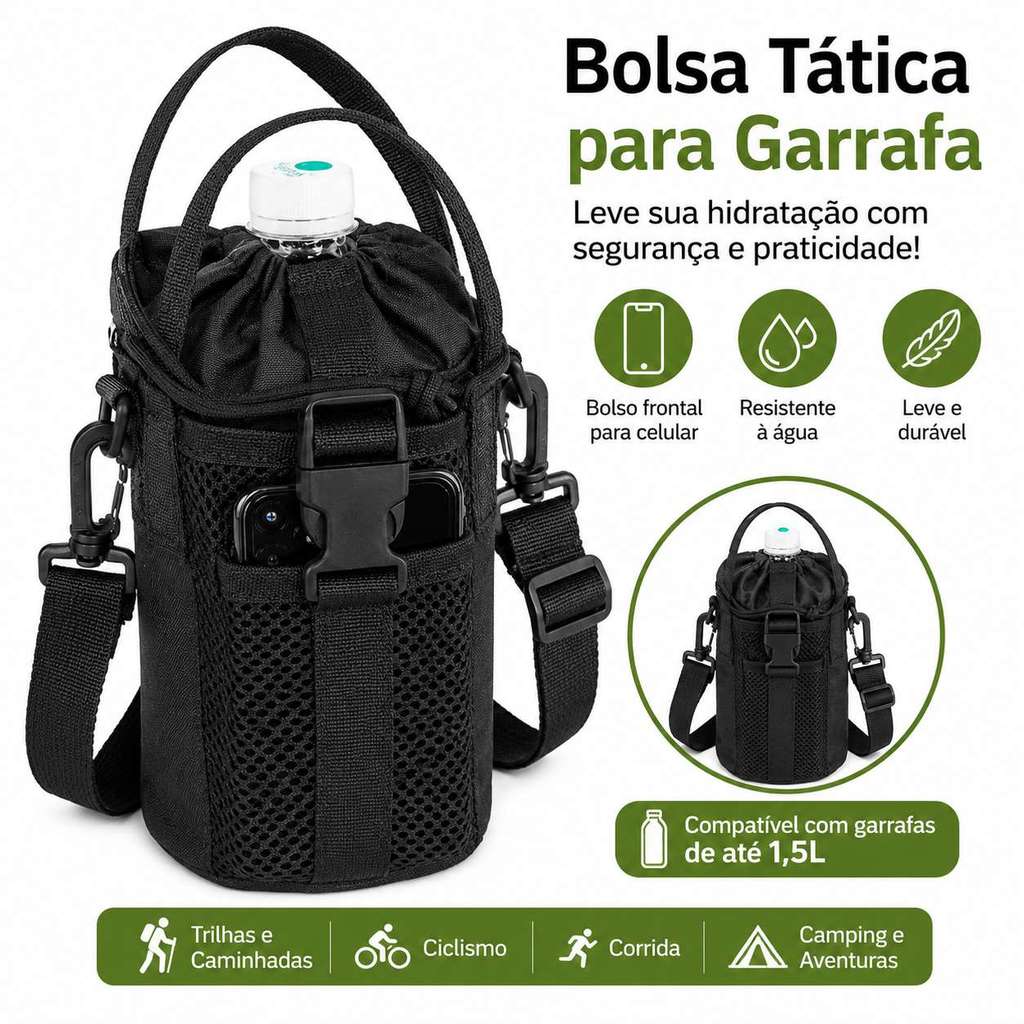 Bolsa Tática Porta Garrafa 1.5L Nylon Multifuncional Suporte Garrafa Água Camping Trilhas MOLLE Cabe Celular CYC90813#
