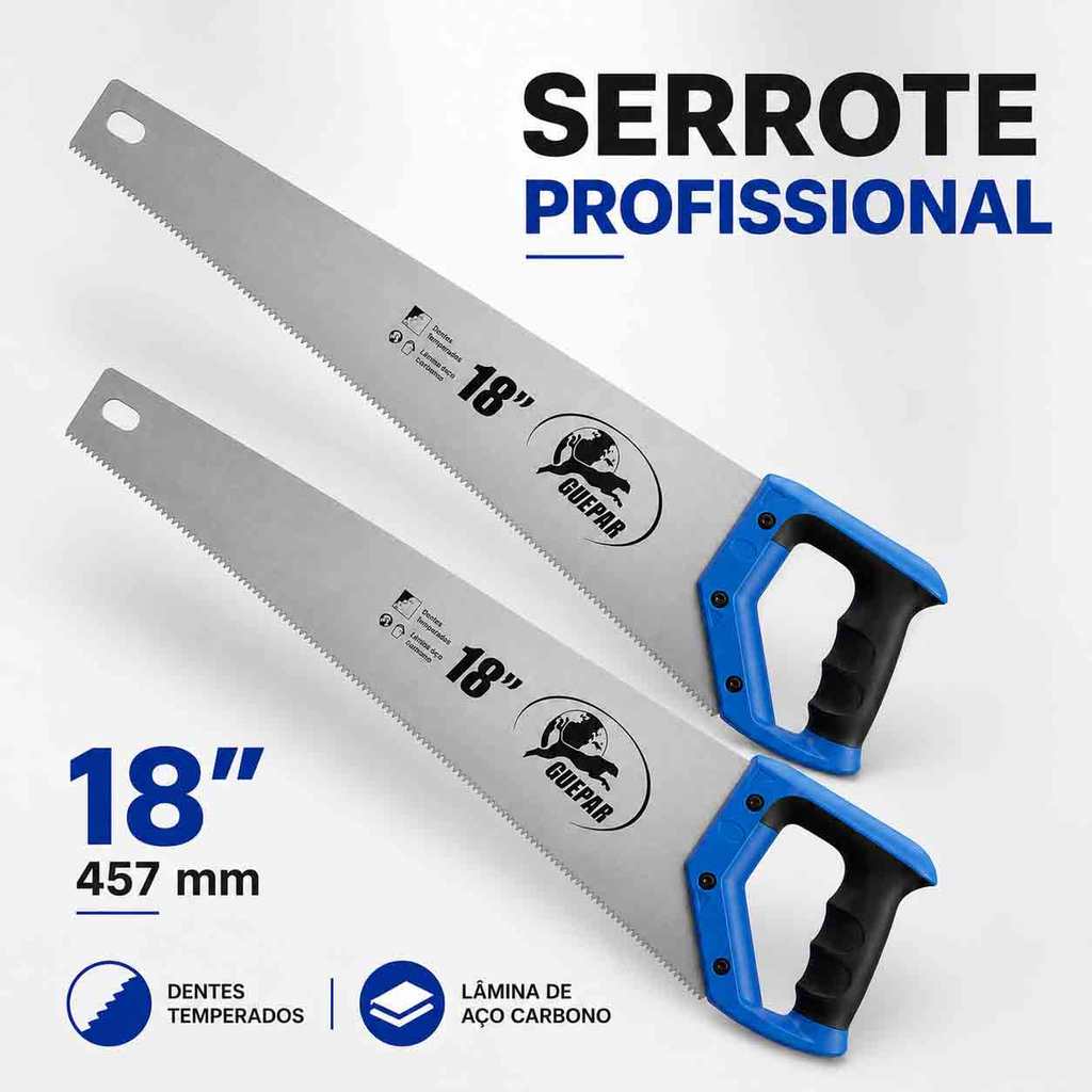 2 Serrote Temperado 18 Pol Cabo Anatômico Emborrachado Para Marcenaria E Carpintaria Profissional