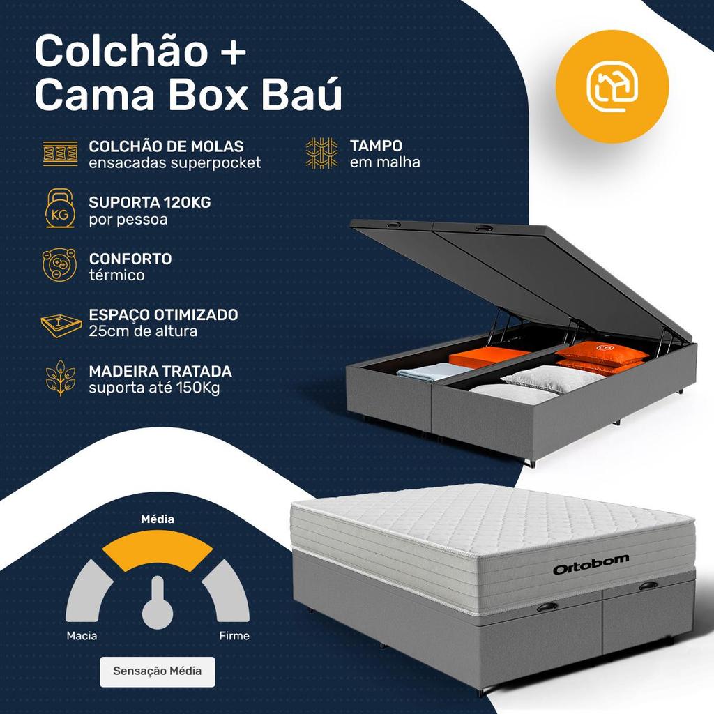 Cama Box Baú com Colchão de Molas Ensacadas Ortobom One Face Plenno Superpocket Queen 158cm
