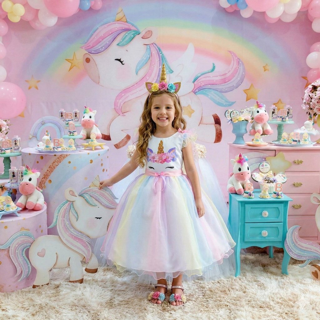 Vestido Chique Mini Miss Temático Unicornio - Colorido - Arc