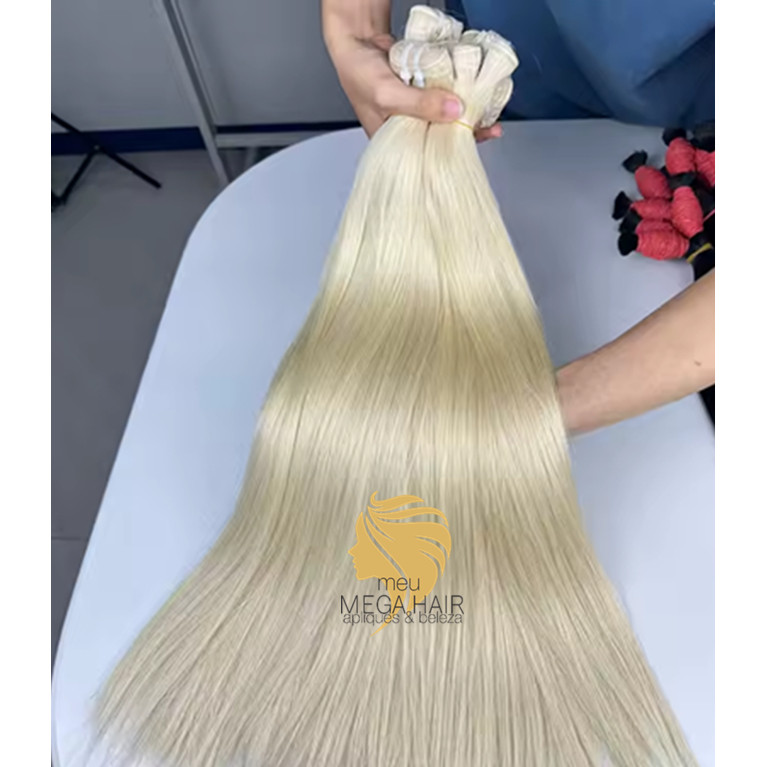Aplique de Cabelo na Tela Mega Hair Natural Fibra Russa Liso Loiro Claríssimo 613 50cm Premium Bella Hair