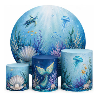 Kit Decoração Capa Painel Redondo 150x150cm Mais Trio Capas Cilindros - Tema Fundo Do Mar Lançamento Tecido Premium