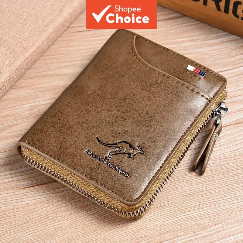 Carteira masculina de couro de luxo com proteção RFID, porta-cartões de visita, carteira com zíper, elegante e durável