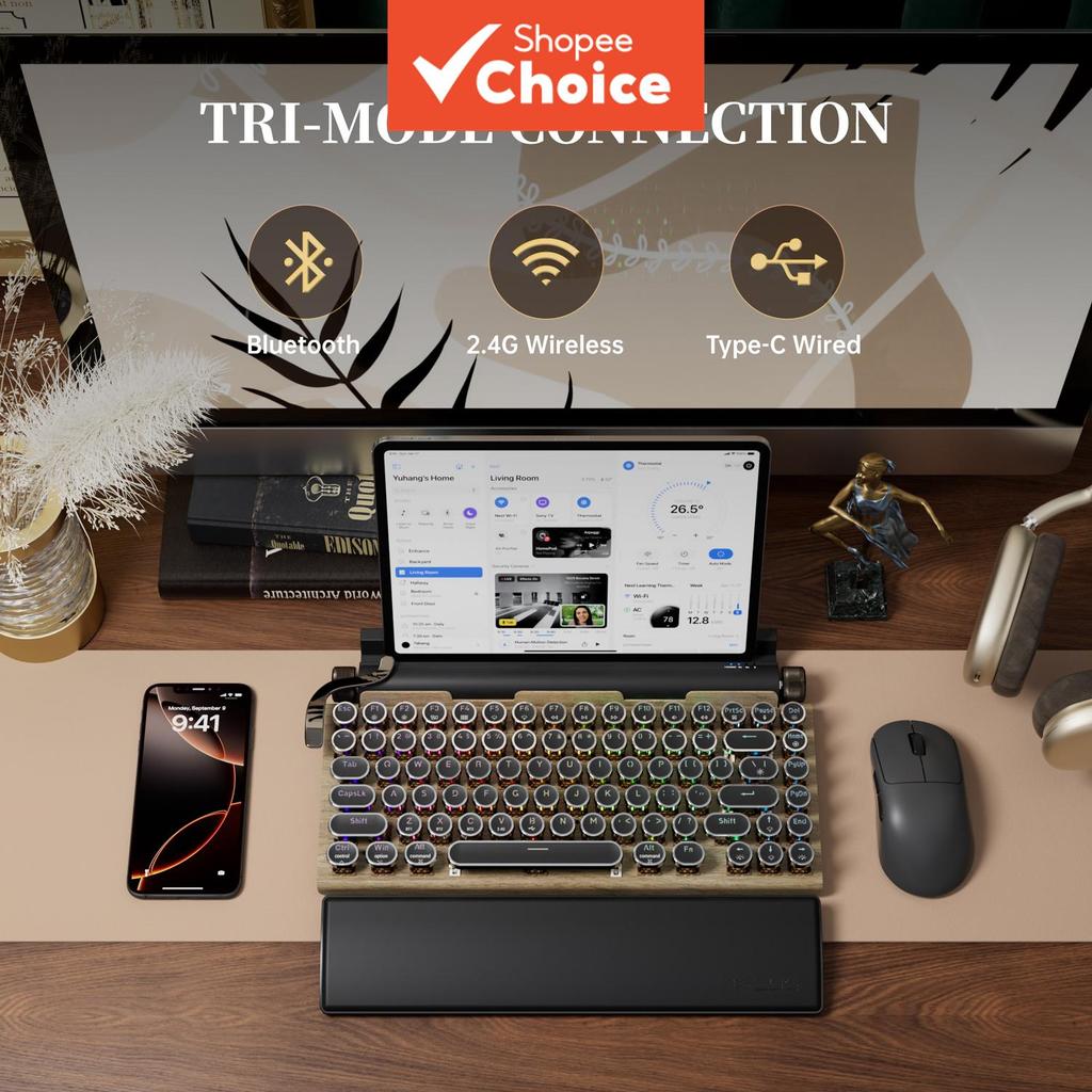 Teclado Mecânico Vintage, Ergonômico, Tri-Modo RGB Retro, Teclado Mecânico Retro Iluminado, Troca de Teclas para