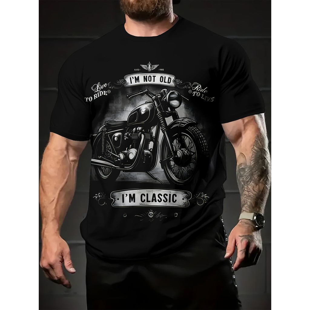 Camiseta Masculina Motocicleta 3D Clássico Velho Leve Estilosa Nostálgica Moda Casual em Oferta na Shopee