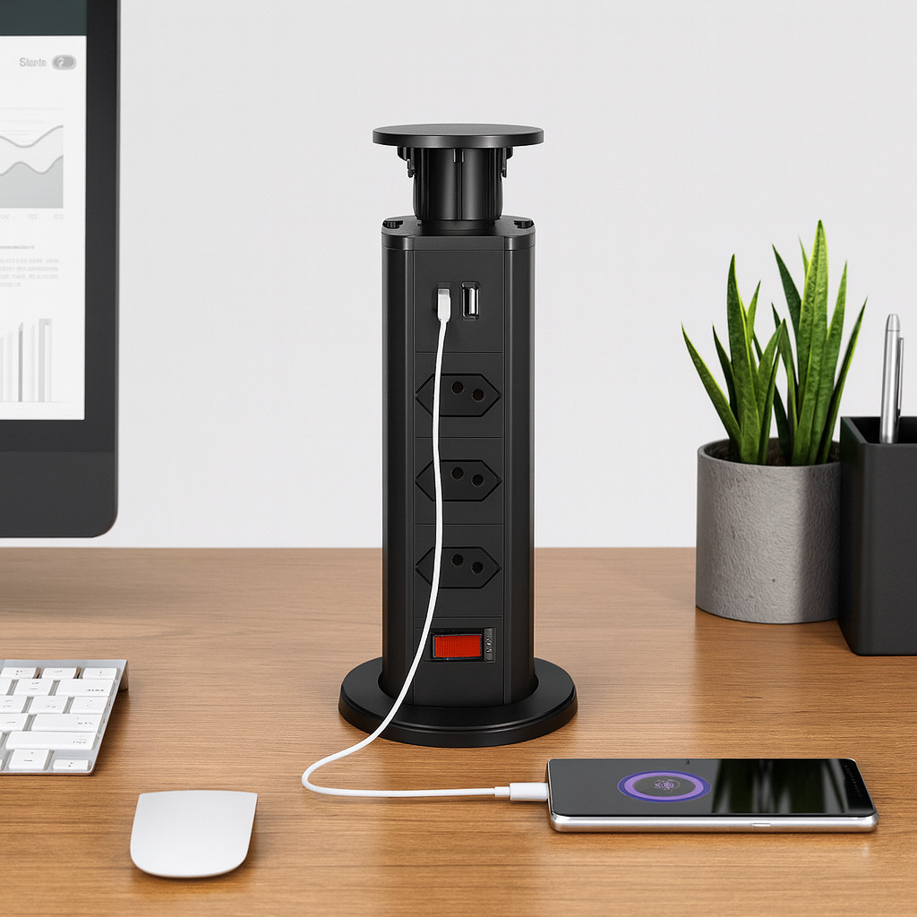 Torre de Tomada Mesa Extensão USB e Tipo C Retrátil Proteção Sobrecarga Escritório Bancada em Oferta na Shopee