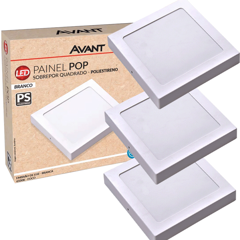 Kit 3 Painel LED Avant 12W Sobrepor Quadrado 6500K Branco Frio 720lm Bivolt IP20 em Oferta na Shopee