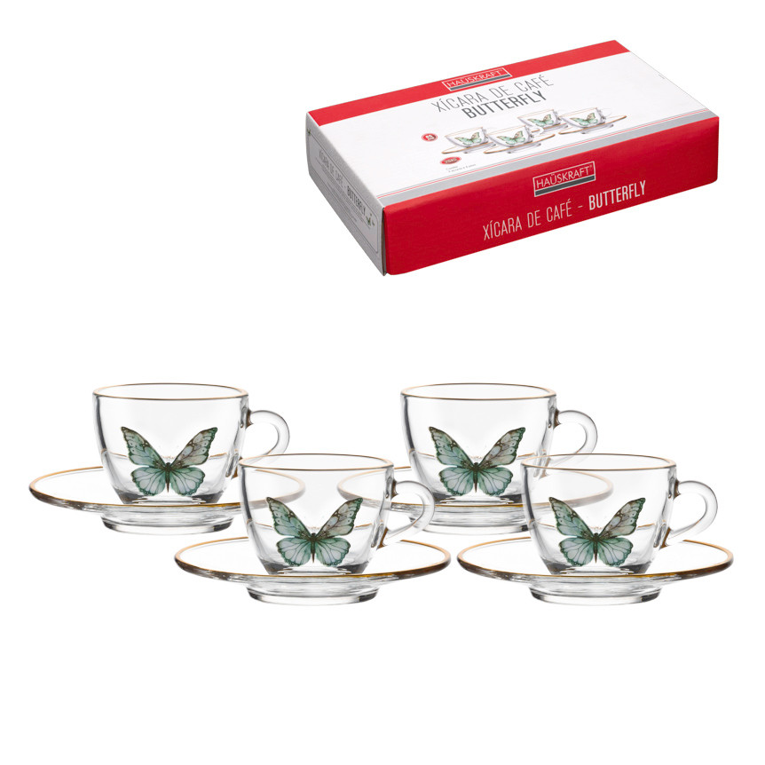 Jogo 4 Xícaras Com Pires Para Café De Vidro e Borda Dourada Butterfly 85ml Hauskraft · foto 2