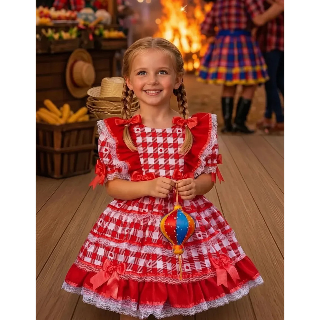 Vestido de Festa Junina Quadrilha Caipira Junino Infantil Rodado Caipirinha