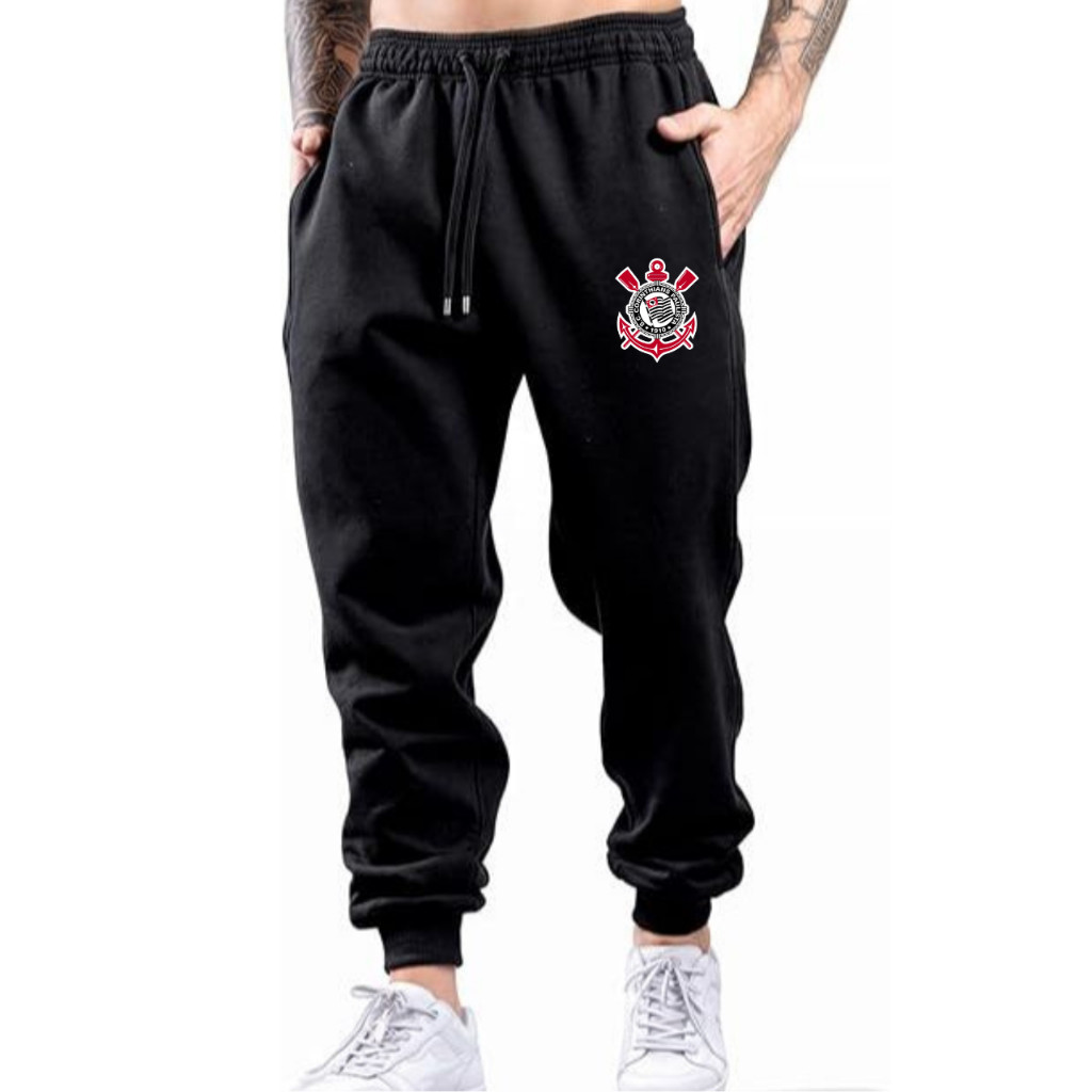 Calça Jogger Algodão Flanelada Unissex Feminino Masculino Preto Estampado Corinthians