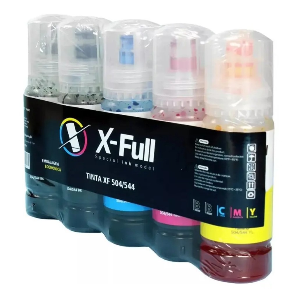 Kit 5 Tinta X-Full Compatível Epson T544 T504 L3150 L3250 4 Cores Impressora Tanque