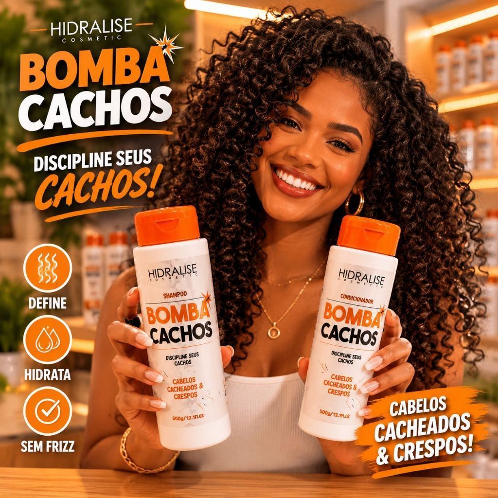 Kit  Bomba Cachos Shampoo 500ml e Condicionador 500ml Ativador Cachos Orgânico Definição Finalização