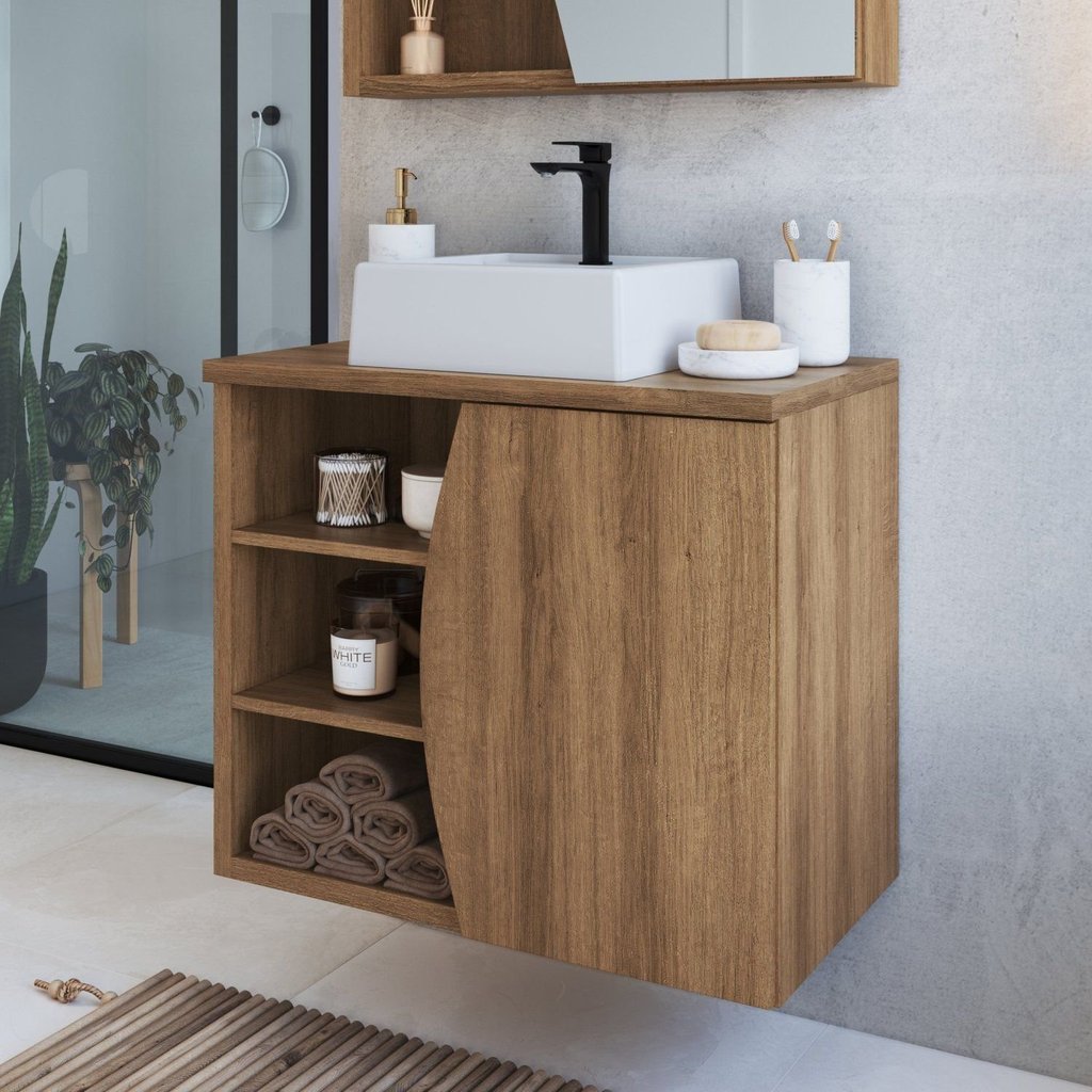 Gabinete de Banheiro Suspenso 70cm Laura com 1 Porta e 2 Prateleiras com Cuba Branco