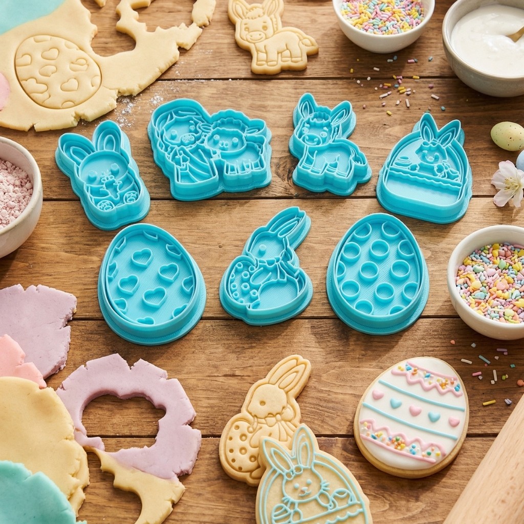 Kit Cortadores e Marcadores de Páscoa 7 Peças para Biscoitos Decorados | Coelho, Cenoura, Cristo | Confeitaria