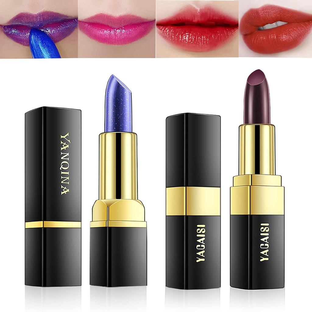 2 Pcs Magic Black Blue Lipstick Set, Shimmer Color Changing Lipstick(Blue Changed into Pink,Black Change into Brick Red)