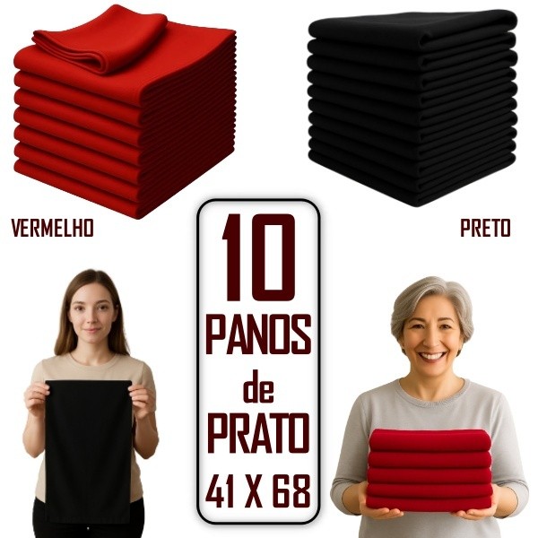 Pano de Copa 41x66cm Preto ou Vermelho, Kit 10 Unidades Pano de Copa Grosso e Resistente PROMOÇÃO!!