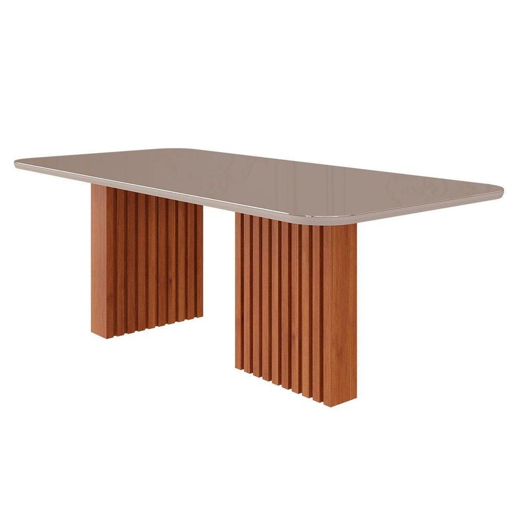 Mesa de Sala Jantar Ester c/Tampo Madeirado Vidro Reto 210x100cm Cinamomo/Off White - Cimol em Oferta na Shopee