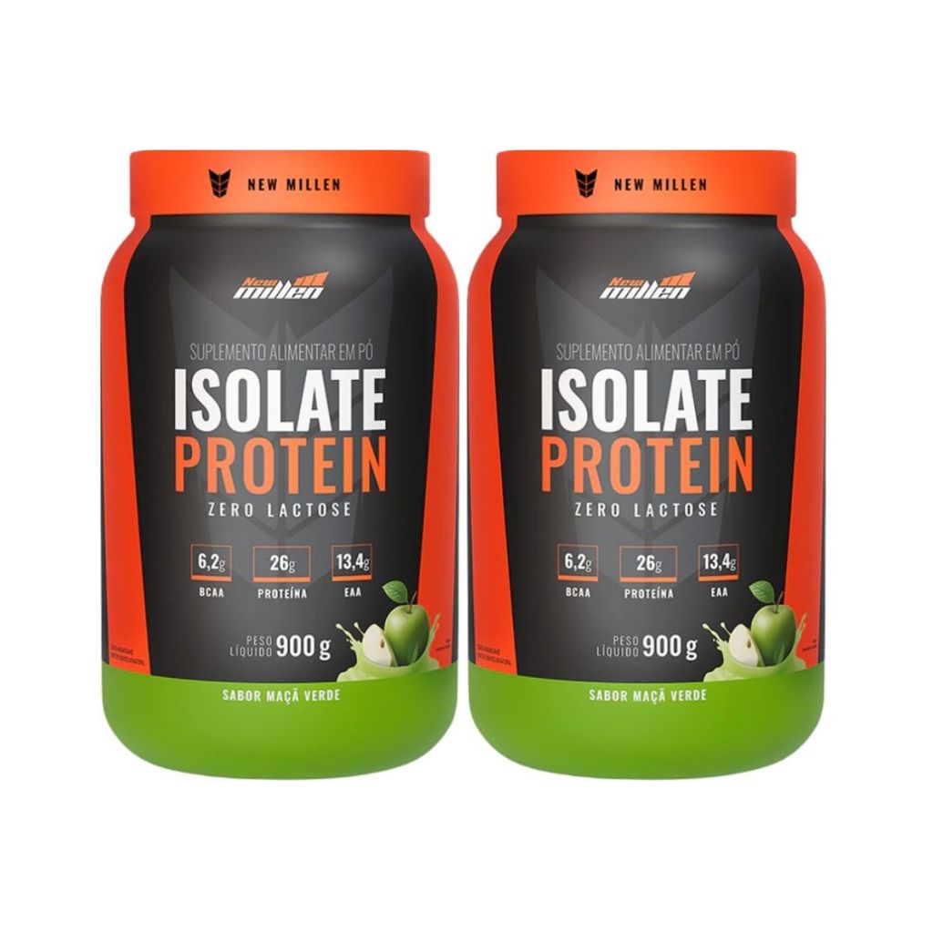 Kit 2 Whey Protein Isolado Zero Lactose Maça Verde 26g de Proteína 900g New Millen