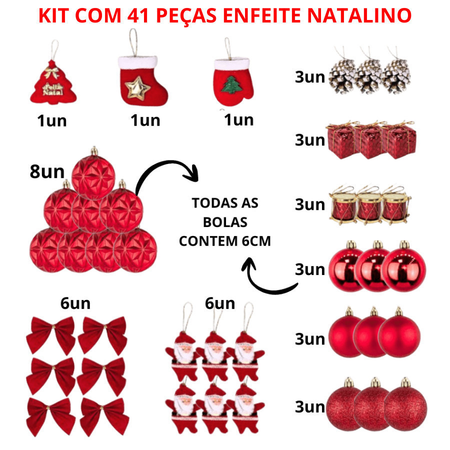 Kit Com 41 Peças De Enfeite Natalino Sortido Com Papai Noel Laço Bola Enfeite Diversos E Tecido