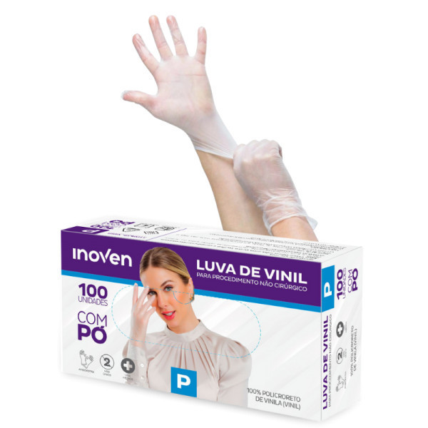 Luva Vinil COM PÓ Tam P, M, G  Descartável COM 100 Unid
