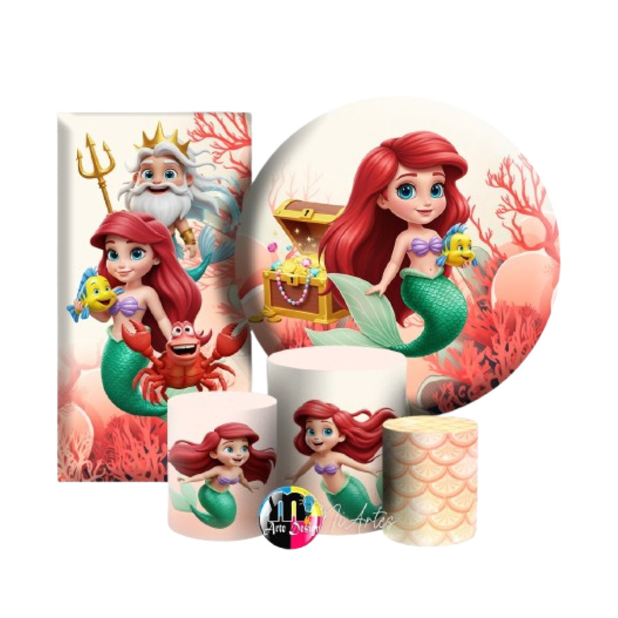 KIT PAINÉIS CASADO + CAPAS CILINDROS TECIDO SUBLIMADO PEQUENA SEREIA